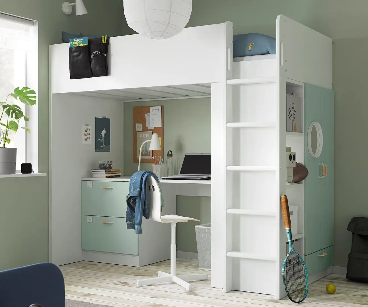 Кровать-чердак Ikea Smastad с письменным столом/3 ящика 90x200 (Белый/Светло-зелёный)