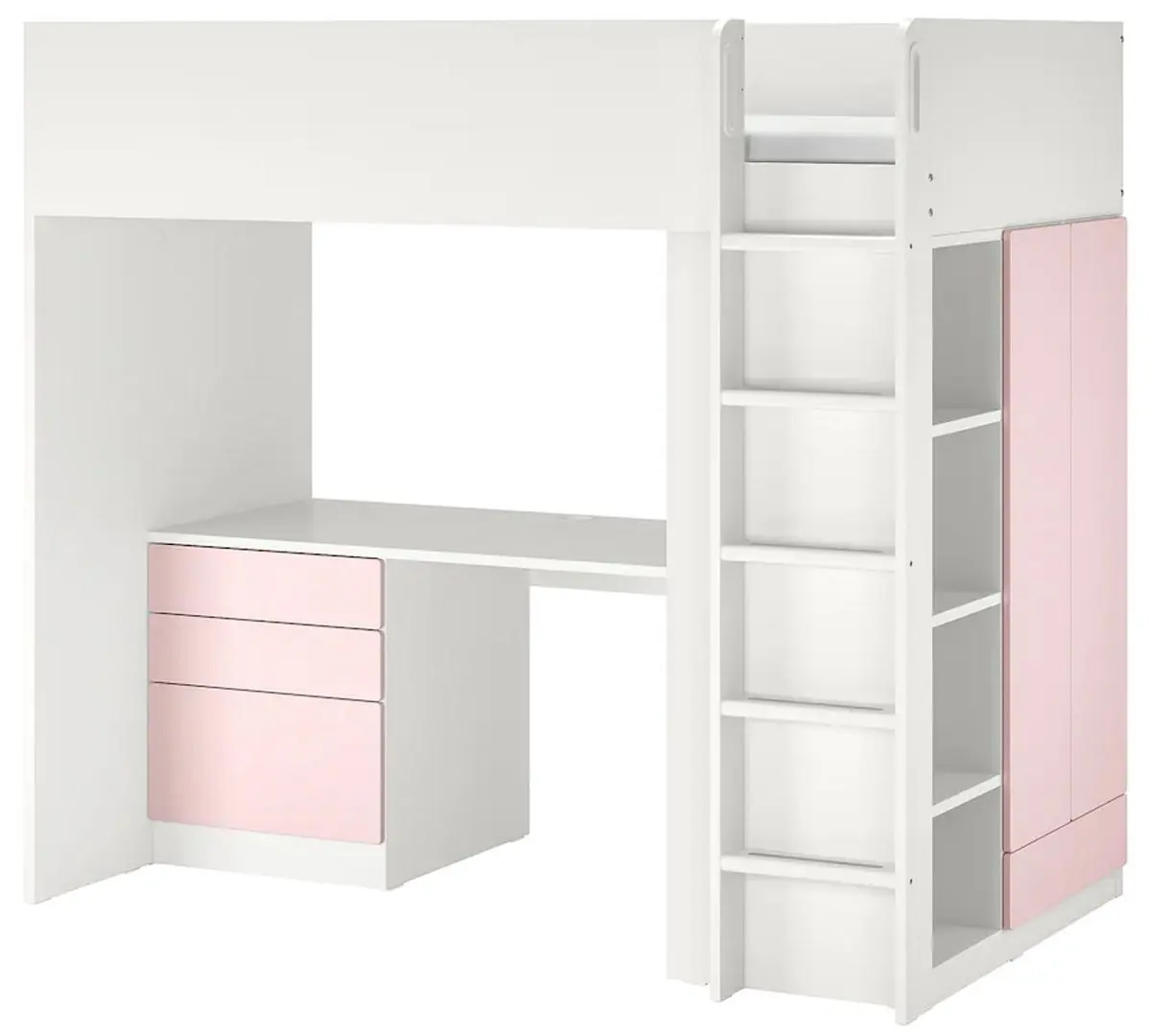 Pat supraetajat Ikea Smastad cu birou/4 sertare 90x200 (Alb/Roz Pal)