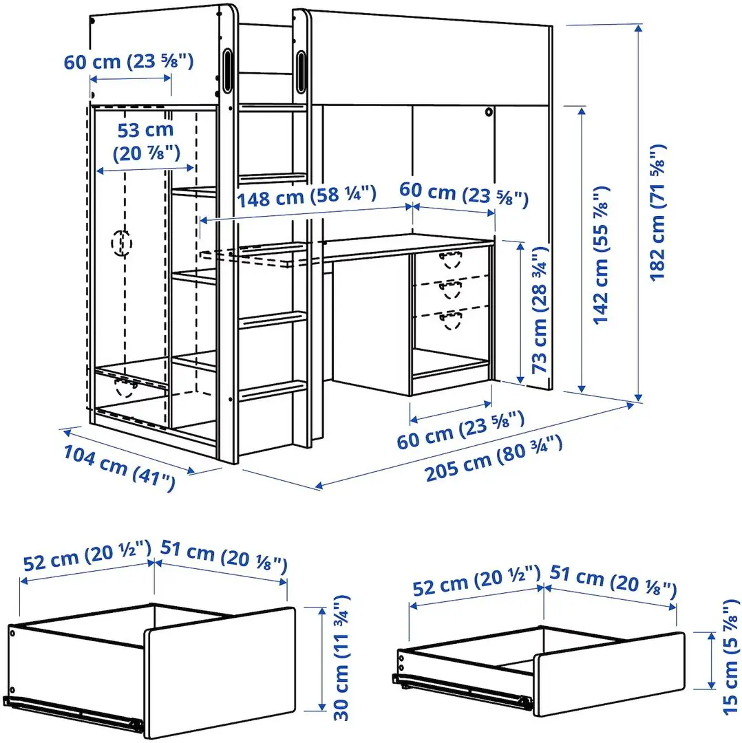 Кровать-чердак Ikea Smastad с письменным столом/4 ящика 90x200 (Белый/Лиловый)