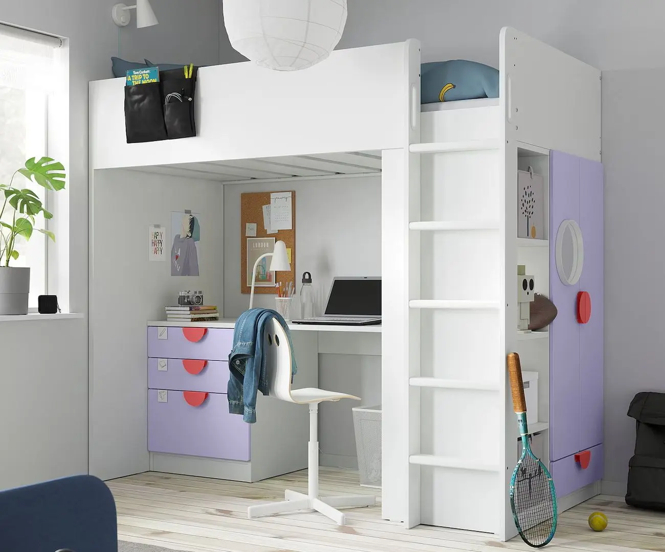 Кровать-чердак Ikea Smastad с письменным столом/4 ящика 90x200 (Белый/Лиловый)