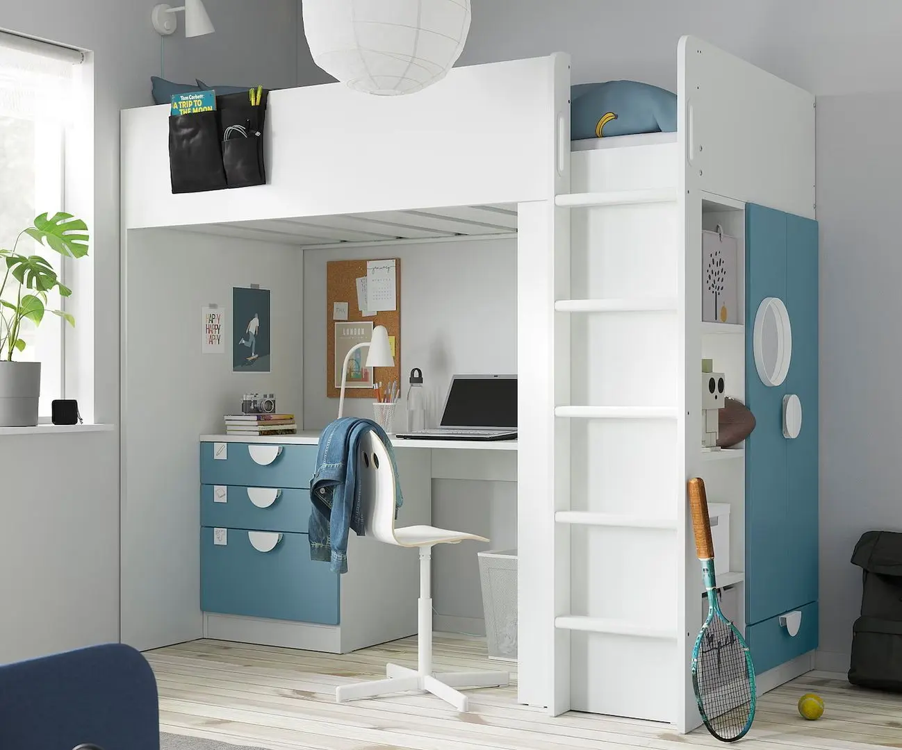 Кровать-чердак Ikea Smastad с письменным столом/4 ящика 90x200 (Белый/Синий)