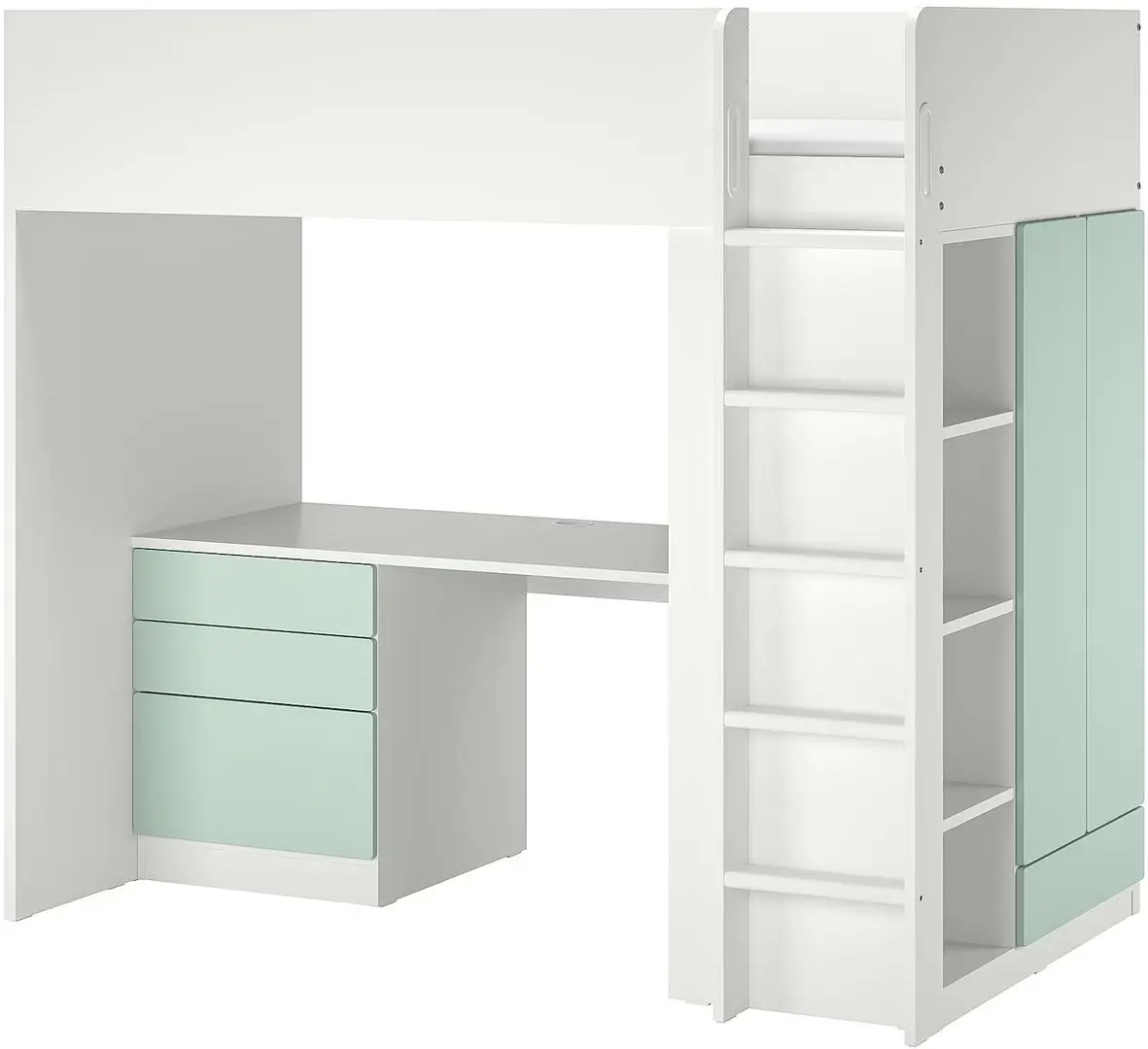 Pat supraetajat Ikea Smastad cu birou/4 sertare 90x200 (Alb/Verde deschis)