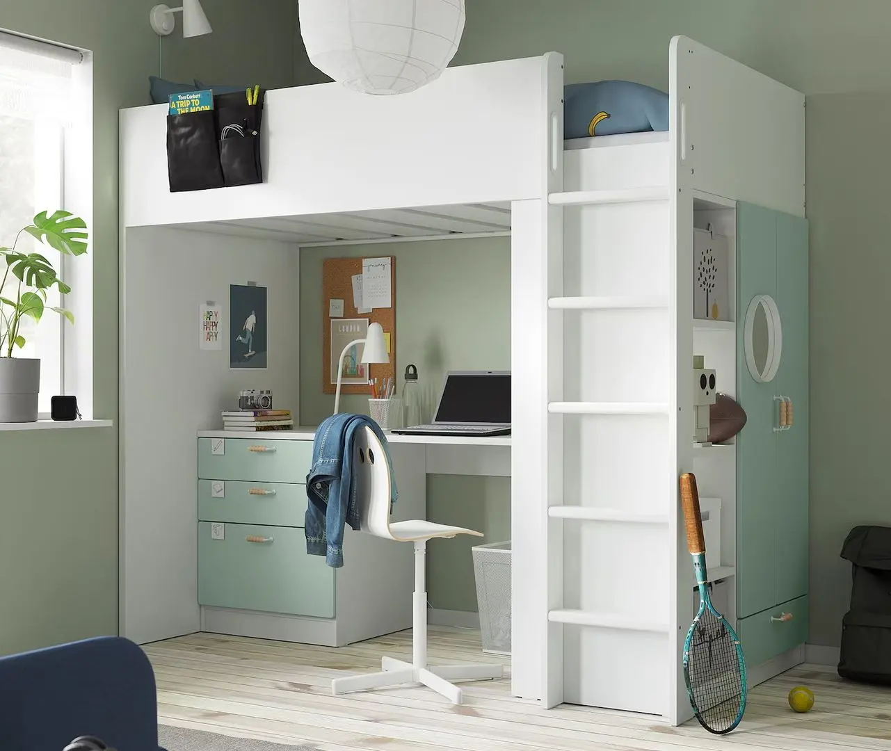 Pat supraetajat Ikea Smastad cu birou/4 sertare 90x200 (Alb/Verde deschis)