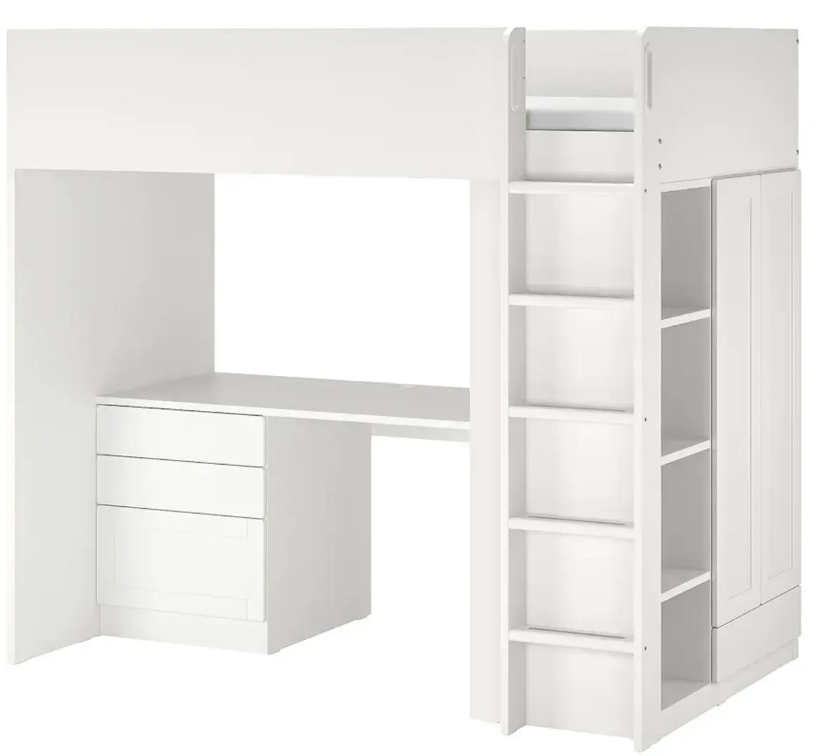 Pat supraetajat Ikea Smastad cu cadru/birou/4 sertare 90x200 (Alb)