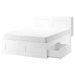 Pat Ikea Brimnes Lindbaden cu depozitare/tablie 160x200 (Alb)