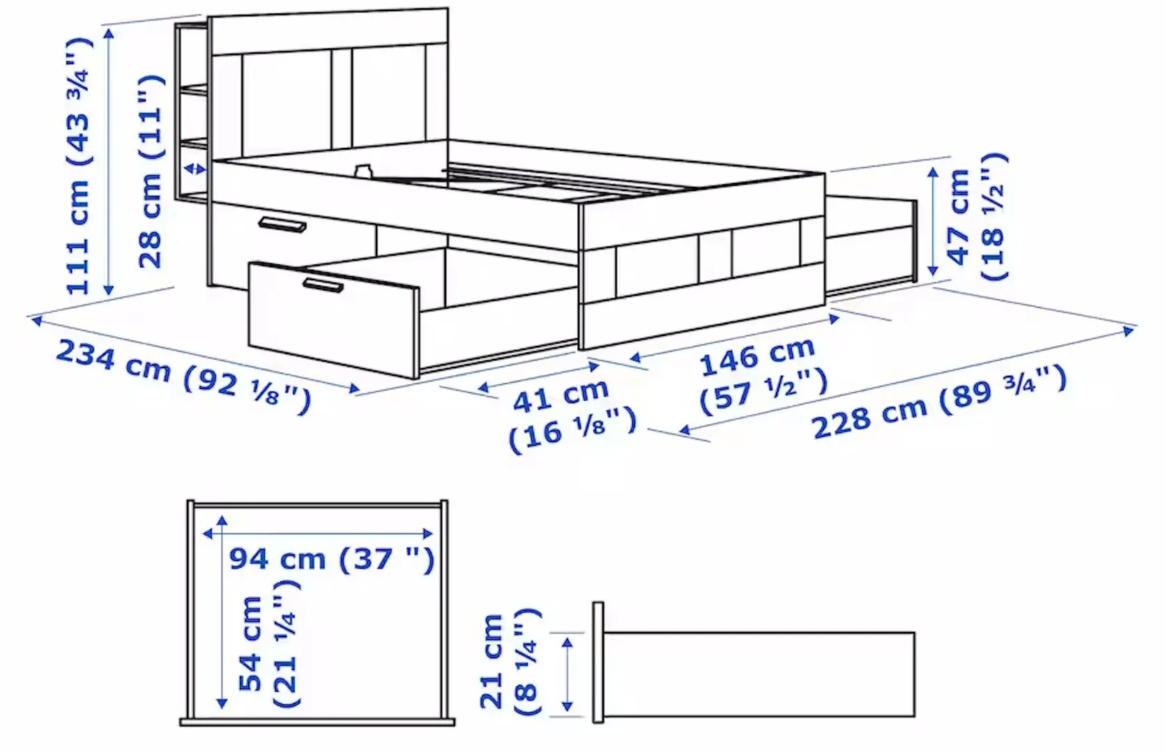 Pat Ikea Brimnes Luroy cu depozitare/tablie 140x200 (Alb)