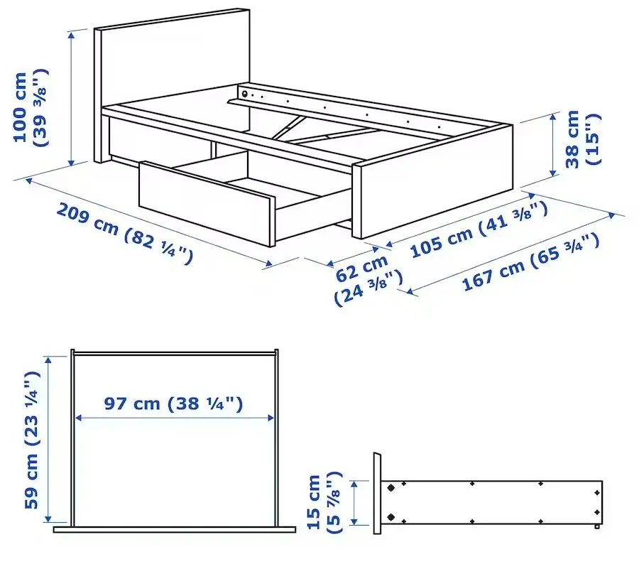 Pat Ikea Malm/Lindbaden 2 cutii depozitare 90x200 (Negru-Maro)