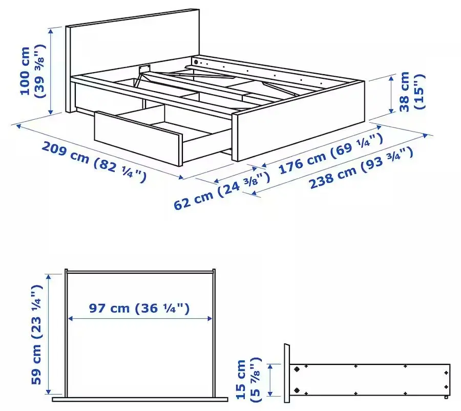 Pat Ikea Malm/Lonset 2 cutii depozitare 160х200 (Gri)