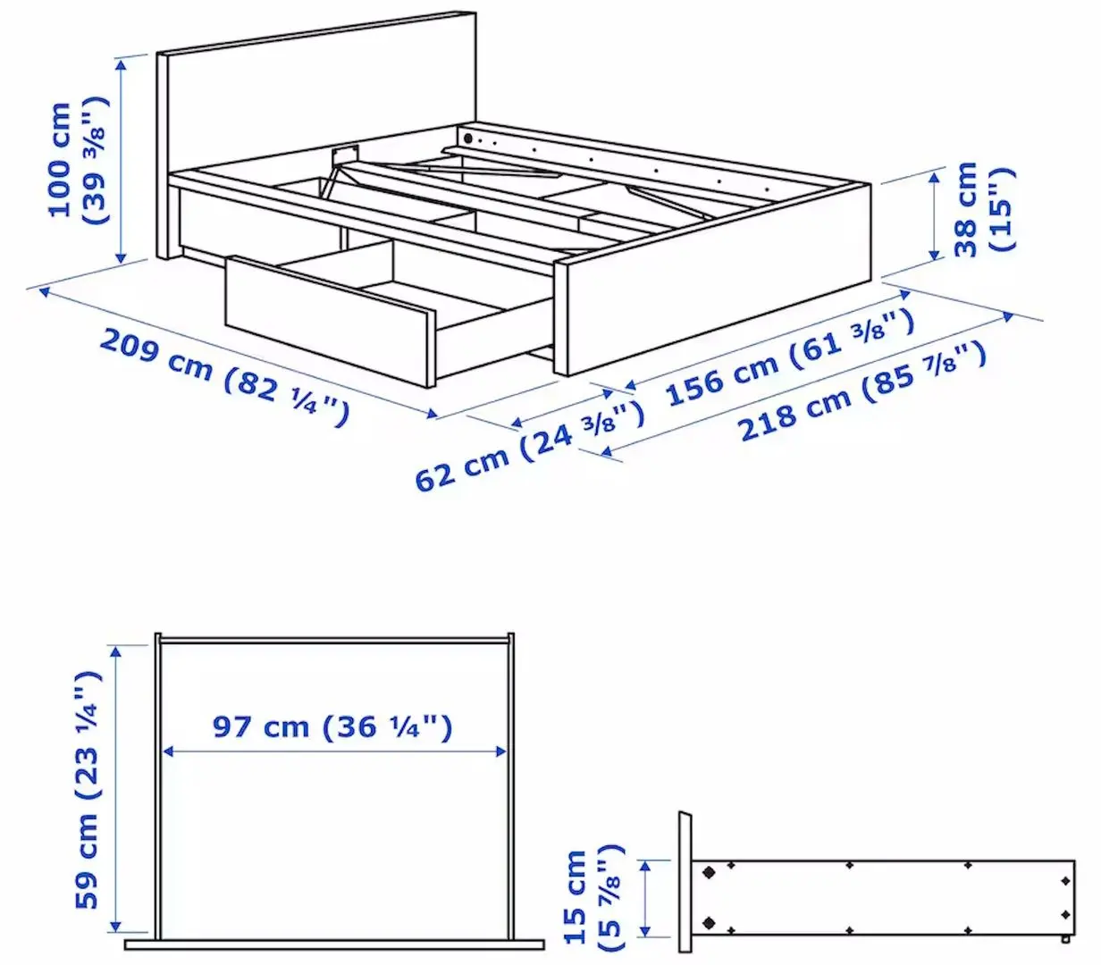Pat Ikea Malm/Lonset 2 cutii depozitare 180x200 (Furnir Stejar Alb) - 11