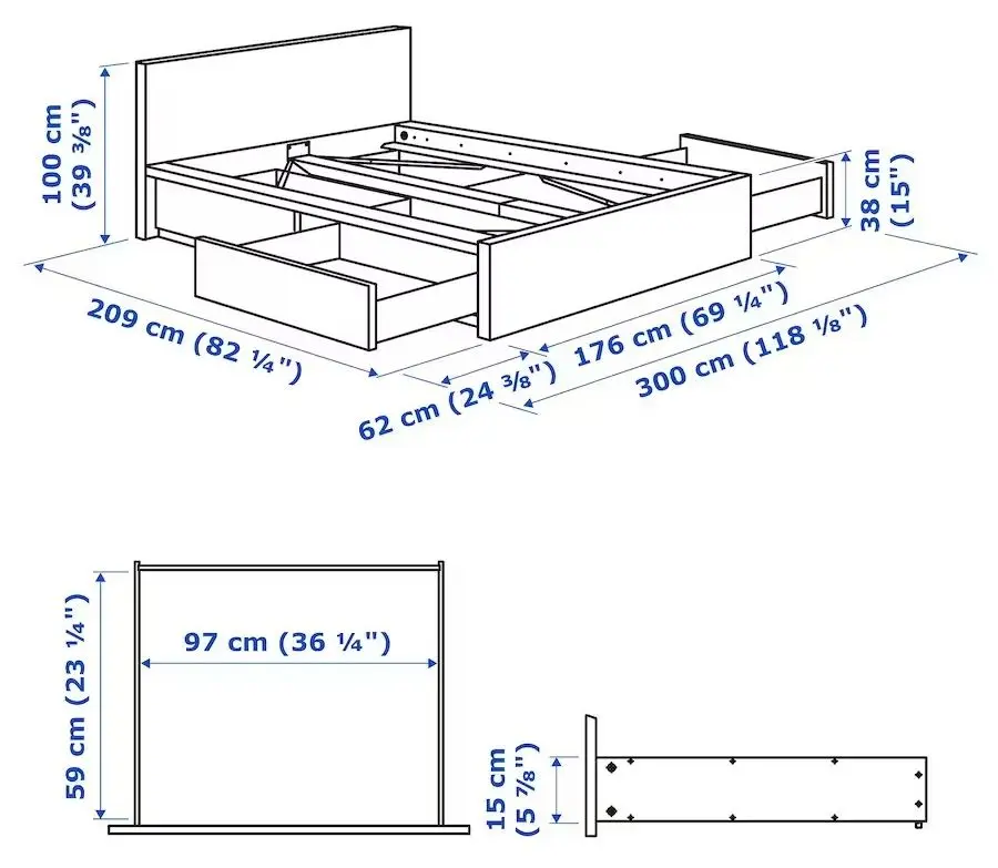 Pat Ikea Malm/Lonset 4 cutii depozitare 160x200 (Alb)