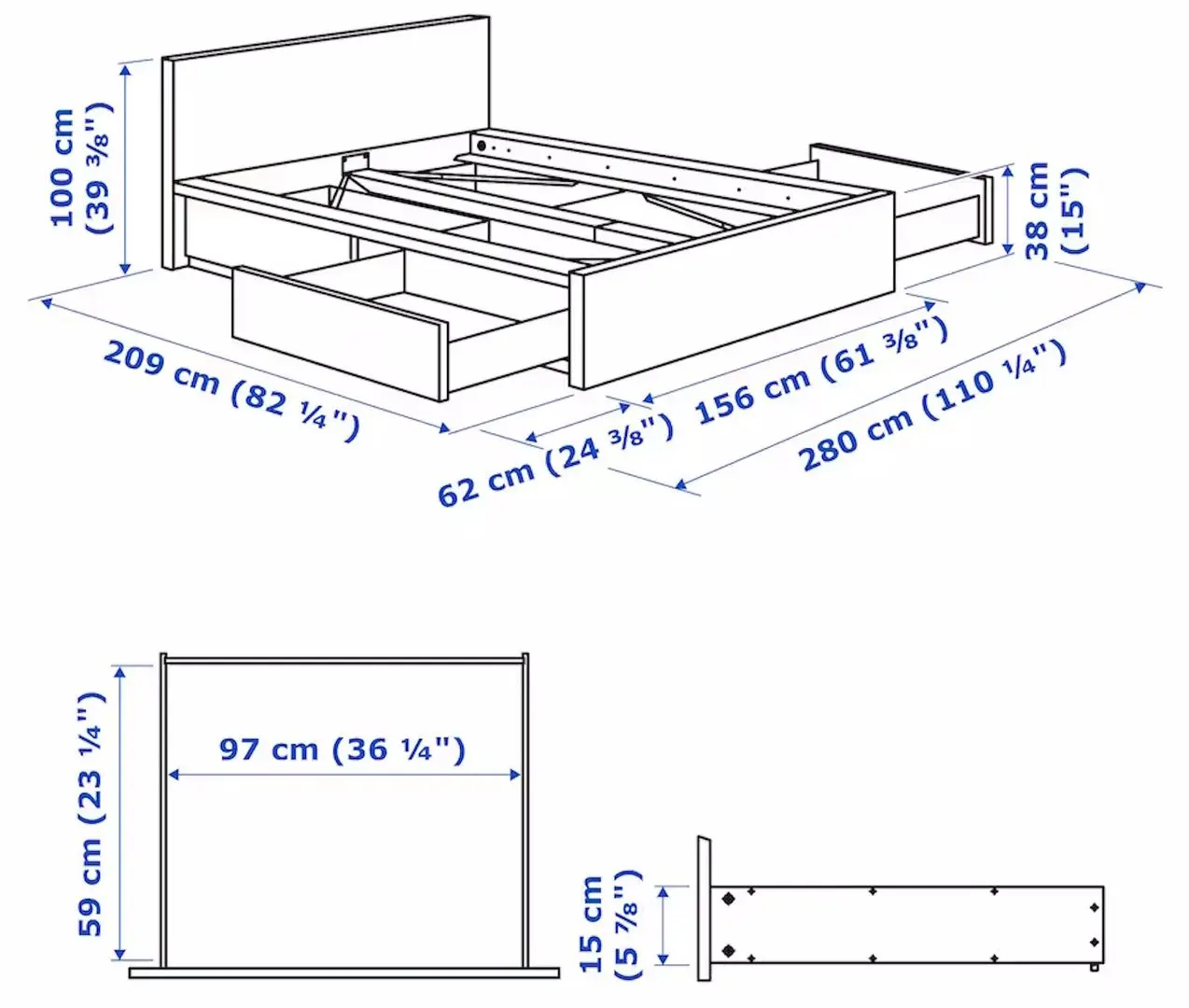 Pat Ikea Malm/Lonset 4 cutii depozitare 180x200 (Furnir Stejar Alb) - 11