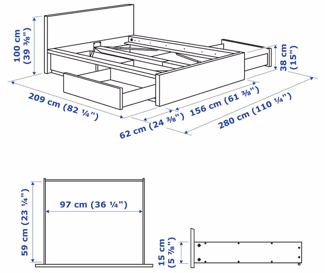 Pat Ikea Malm/Lonset 4 cutii depozitare 180x200 (Alb)