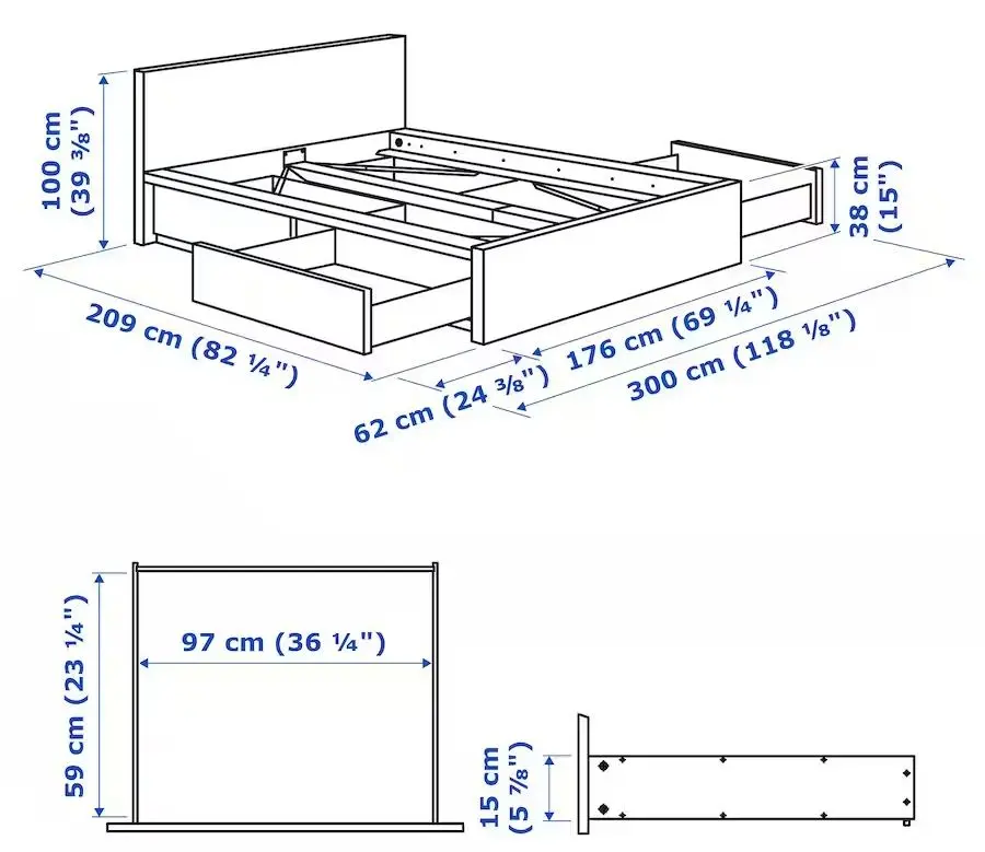Pat Ikea Ikea Malm/Luroy 4 cutii depozitare 160х200 (Negru-maro)