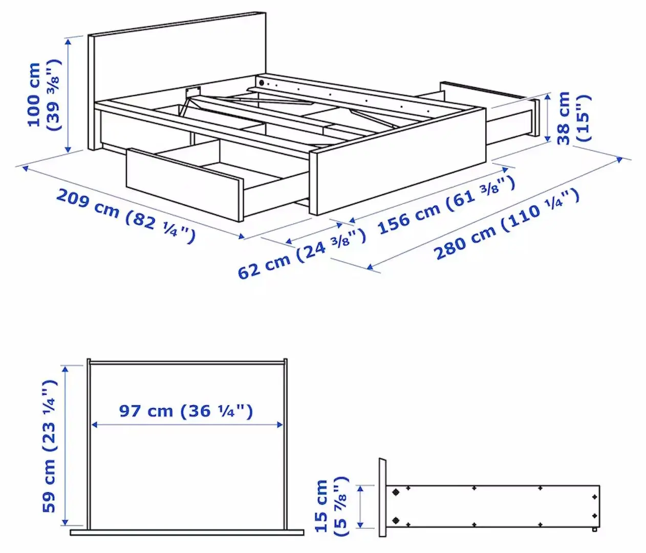Pat Ikea Malm/Luroy 4 cutii depozitare 160x200 (Alb)