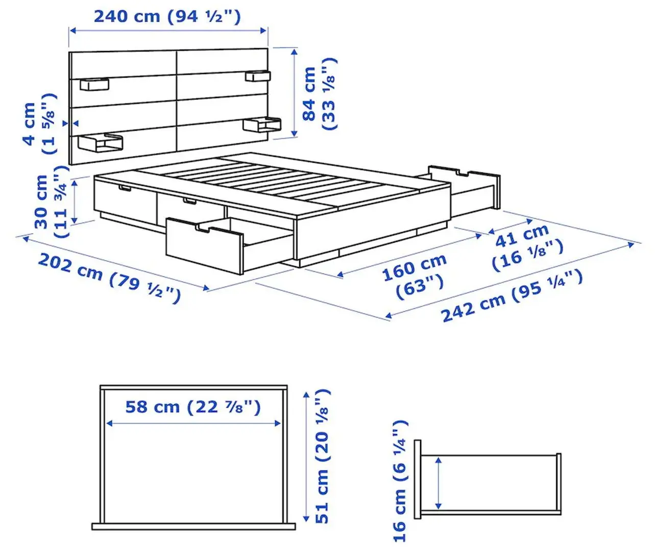 Pat Ikea Nordli cu depozitare/tablie 160x200 (Alb)