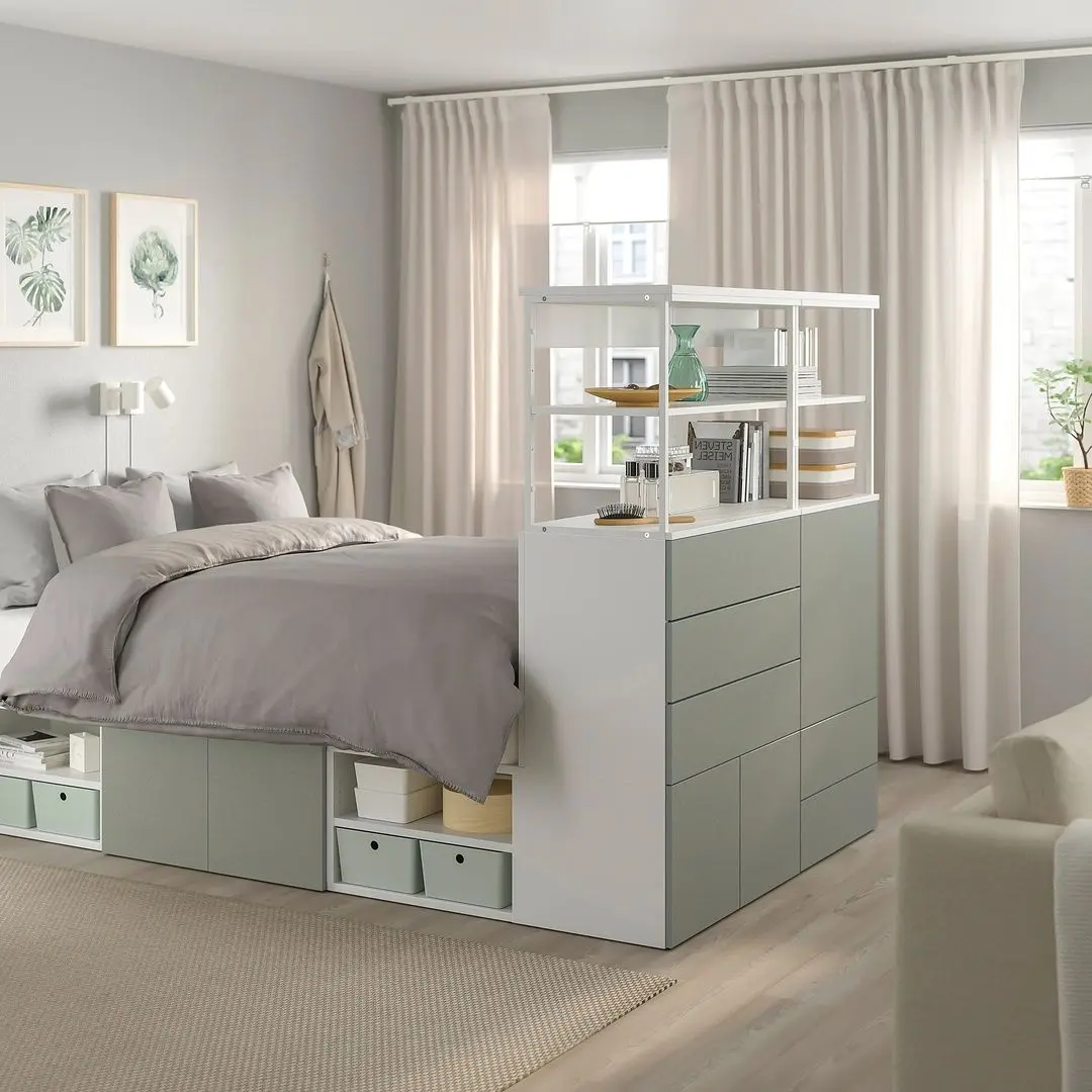 Кровать Ikea Platsa 5 дверей/5 ящиков 140x244x163 (Белый/Серо-зеленый Клаббукт) - 3