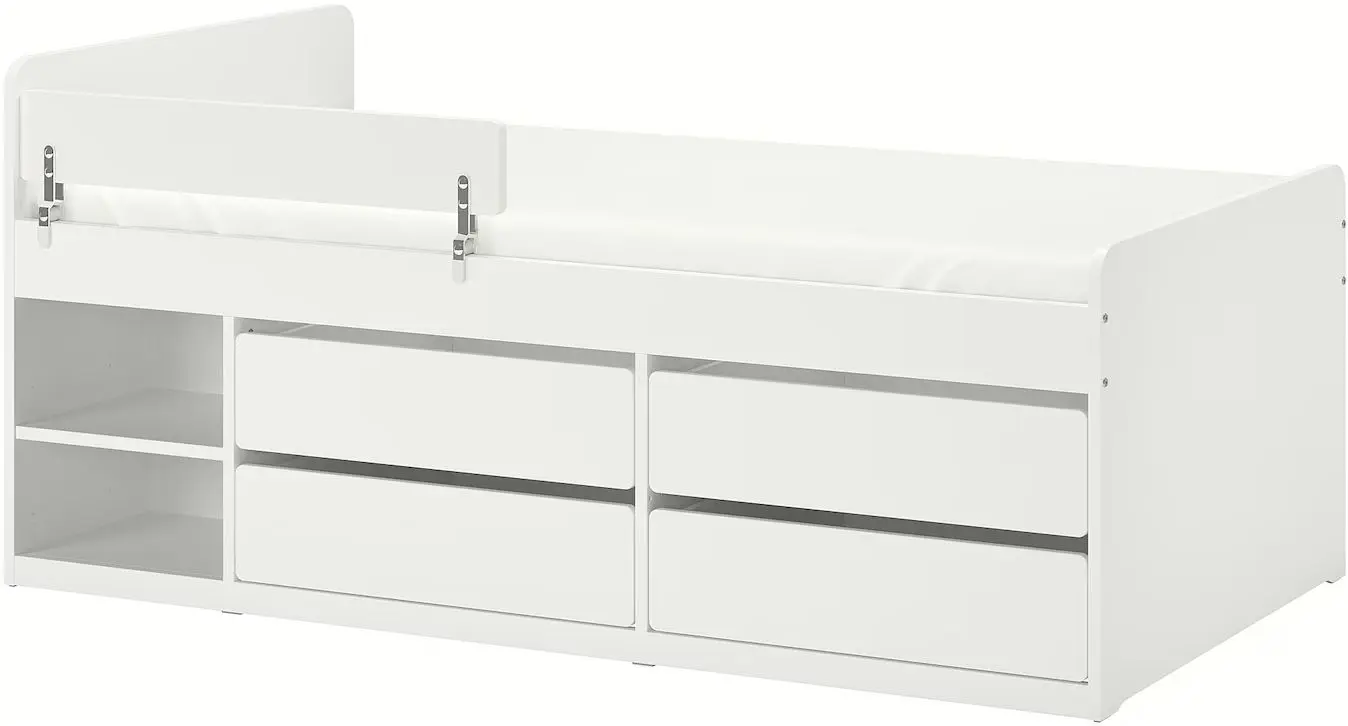 Pat Ikea Slakt/Nattapa cu tablie de protectie/rafturi/sertare 90x200 (Alb)