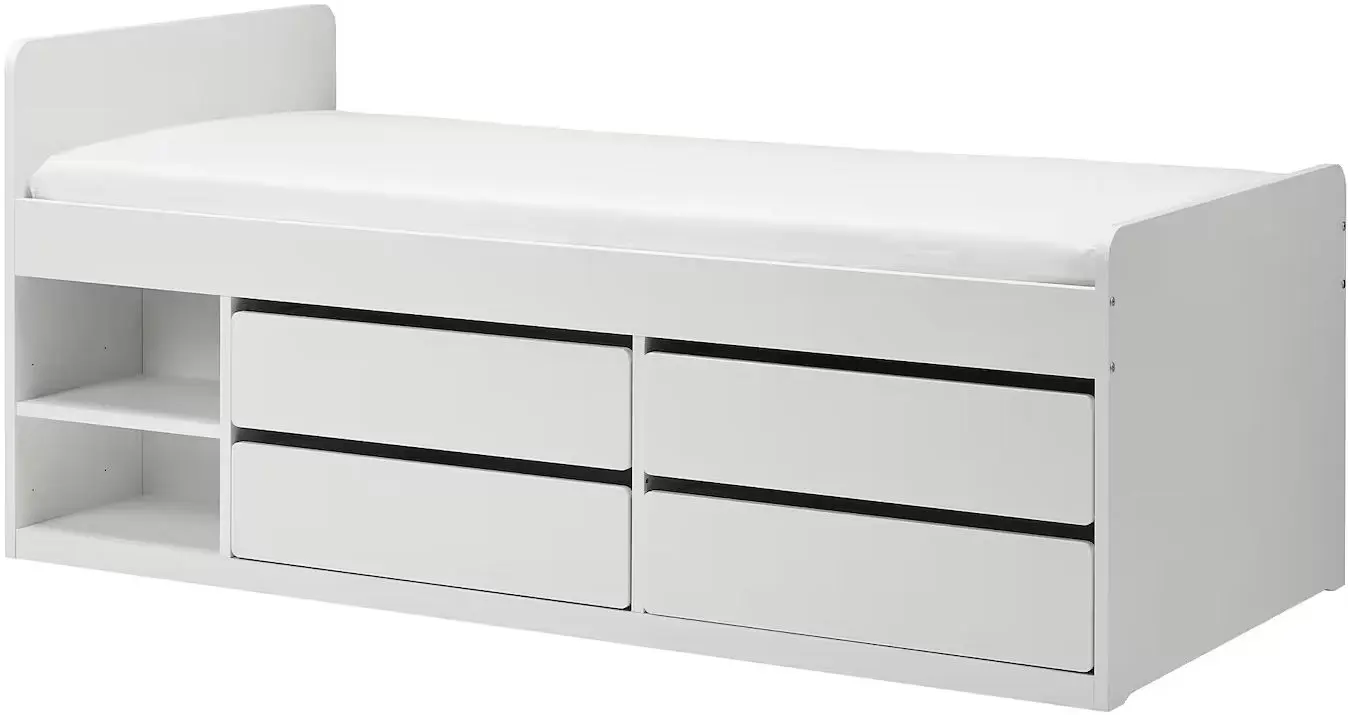 Pat Ikea Slakt/Nattapa cu tablie de protectie/rafturi/sertare 90x200 (Alb)