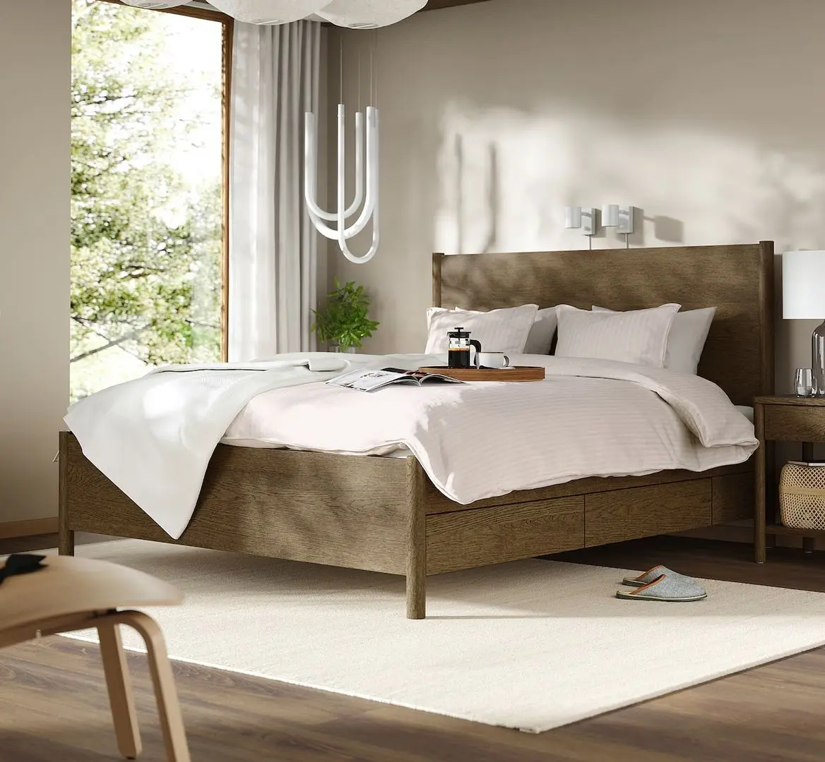 Pat Ikea Tonstad/Lindbaden cu 4 sertare 160x200 (Furnir Stejar Vopsit Maro)