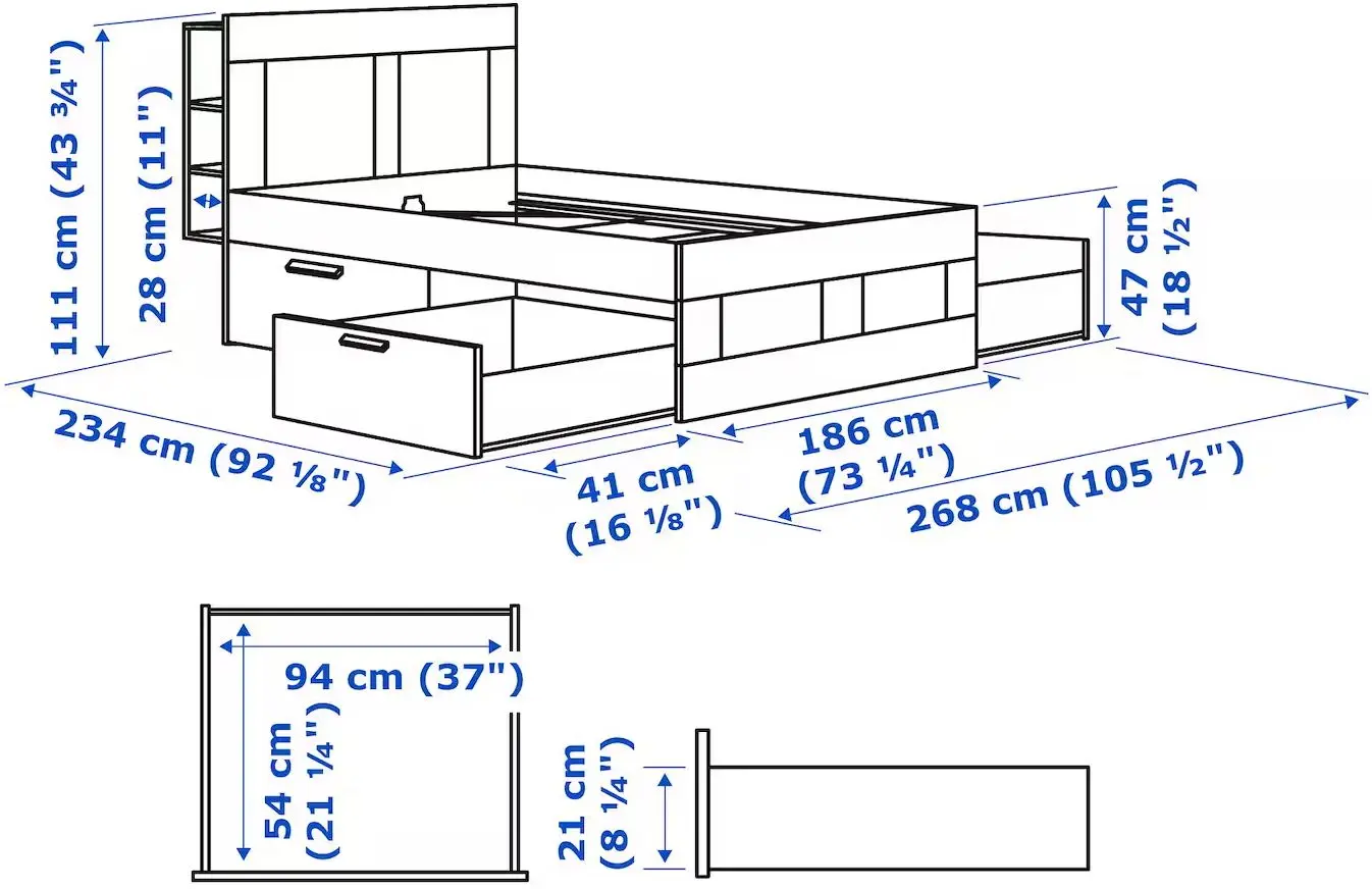 Pat + noptieră Ikea Brimnes cu depozitare/tablie 180x200 (Alb)