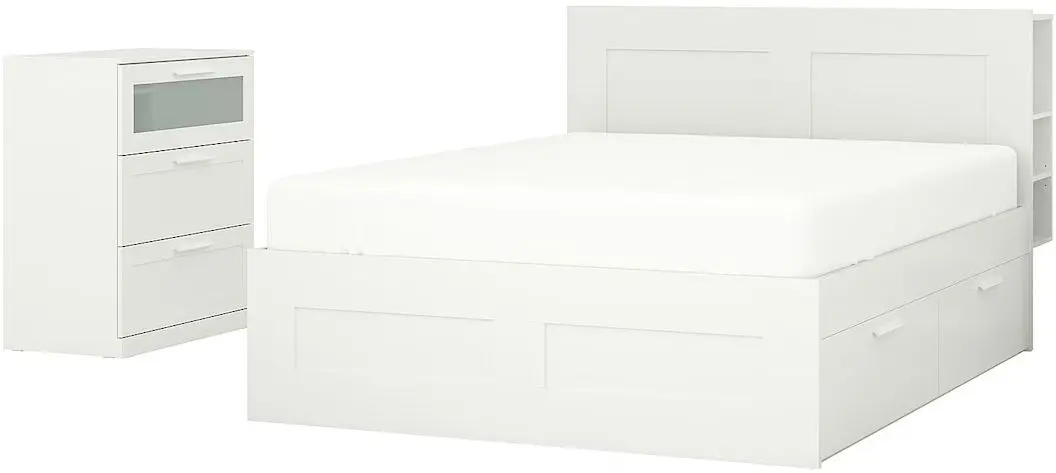 Pat + noptieră Ikea Brimnes cu depozitare/tablie 180x200 (Alb)