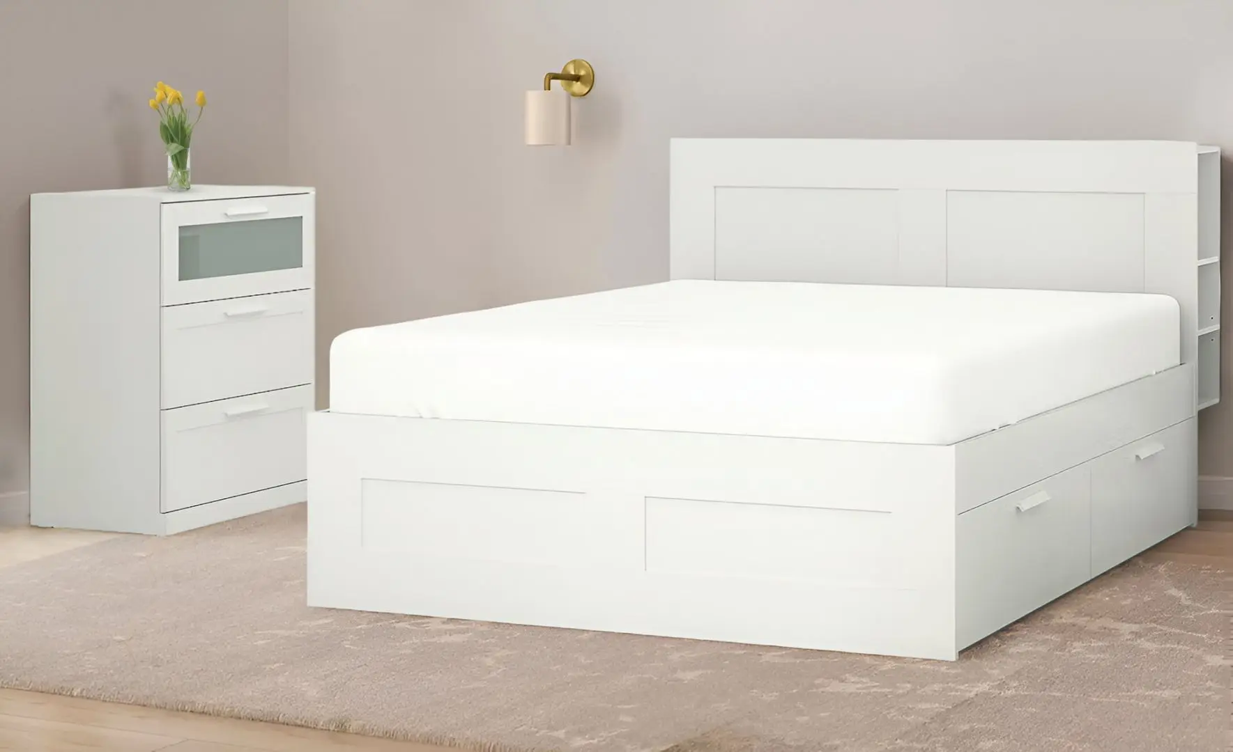 Pat + noptieră Ikea Brimnes cu depozitare/tablie 180x200 (Alb)