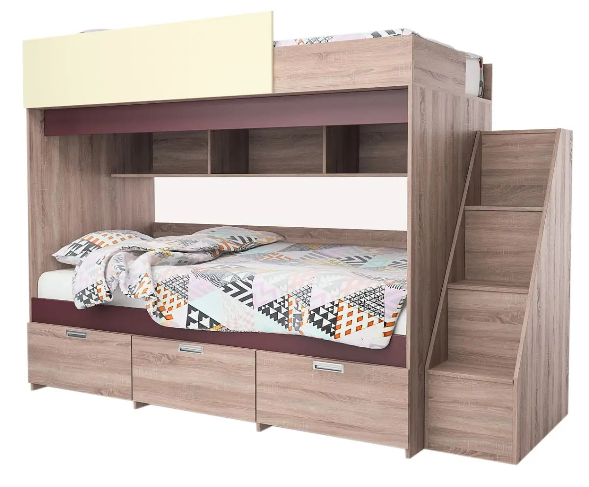 Кровать двухъярусная КМК 0527 Бамбино 3-1 90x195 (Дуб Сонома/Бургундский/Желтый)