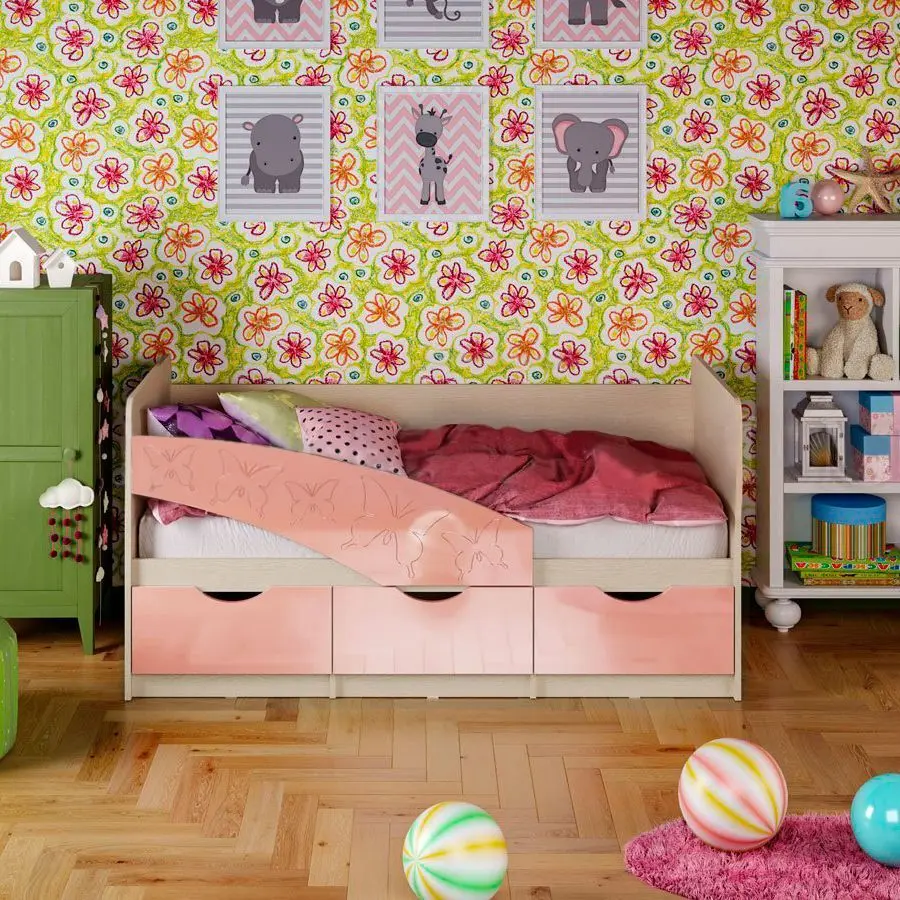 Кровать Миф Бабочки 80х160 (Розовый Металлик/Дуб Беленый)