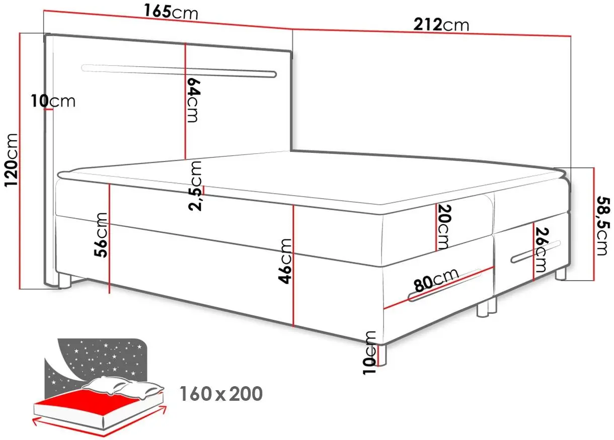 Pat continental Mirjan24 Trunida/Enter cu LED iluminare 160x200 (Black) - 2