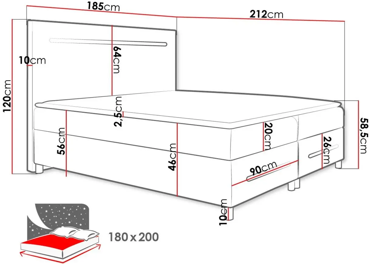Pat continental Mirjan24 Trunida/Enter cu LED iluminare 180x200 (Black) - 9