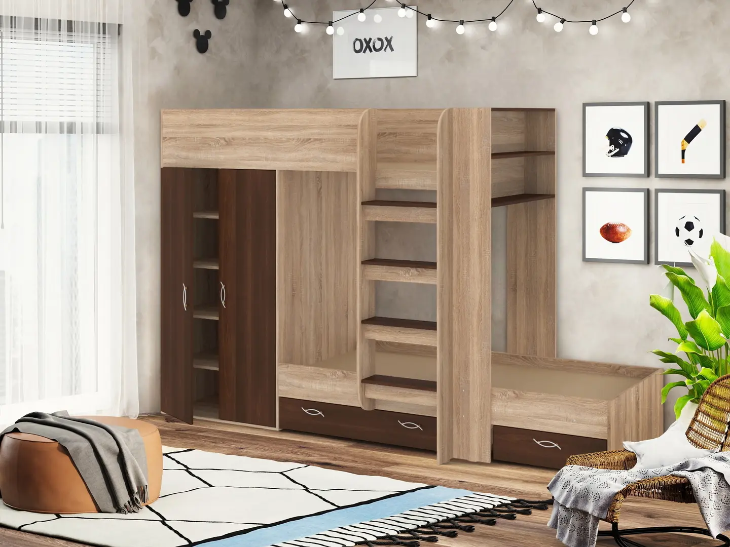 Двухъярусная кровать Пехотин Немо (Дуб Сонома/Орех)
