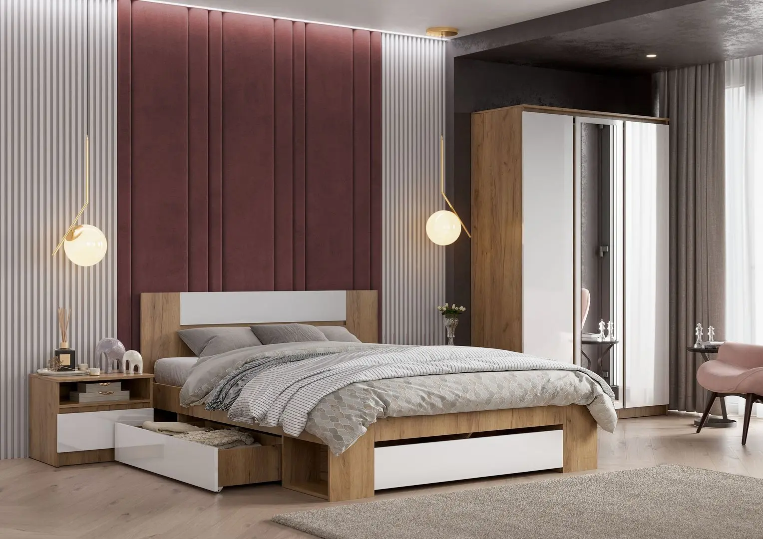 Pat Стендмебель Lamiya КМ 062 160x200 Craft Oak Gold/Diamond White (baza lamele) - 3