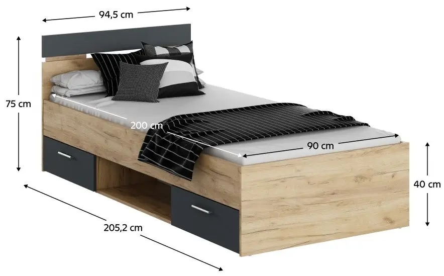 Кровать Tempo Kondela Michigan 90x200 (Artisan Oak/Graphite)