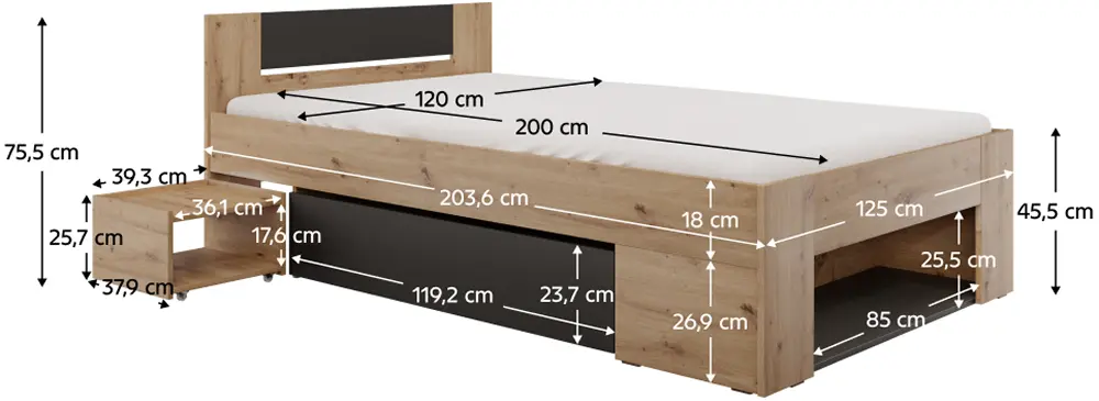 Кровать Tempo Kondela Unis 120x200 (Artisan Oak/Anthracite)