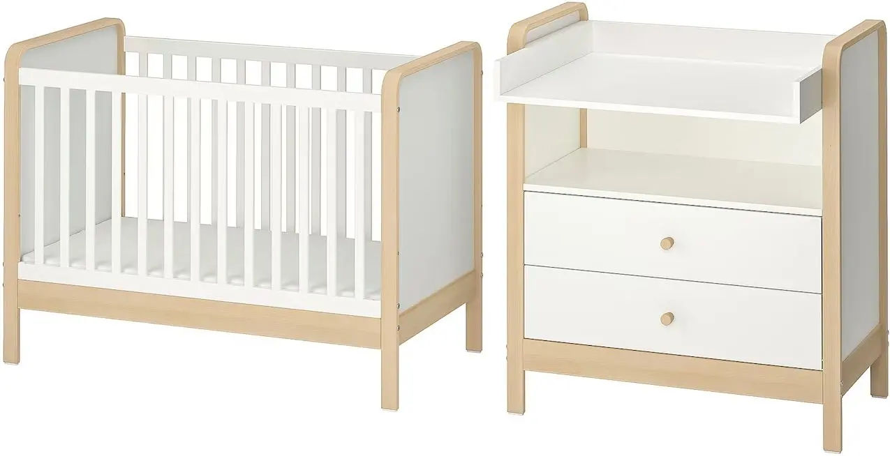 Pătuc + comodă de înfășat Ikea Alskvard 60x120 (Mesteacan/Alb)