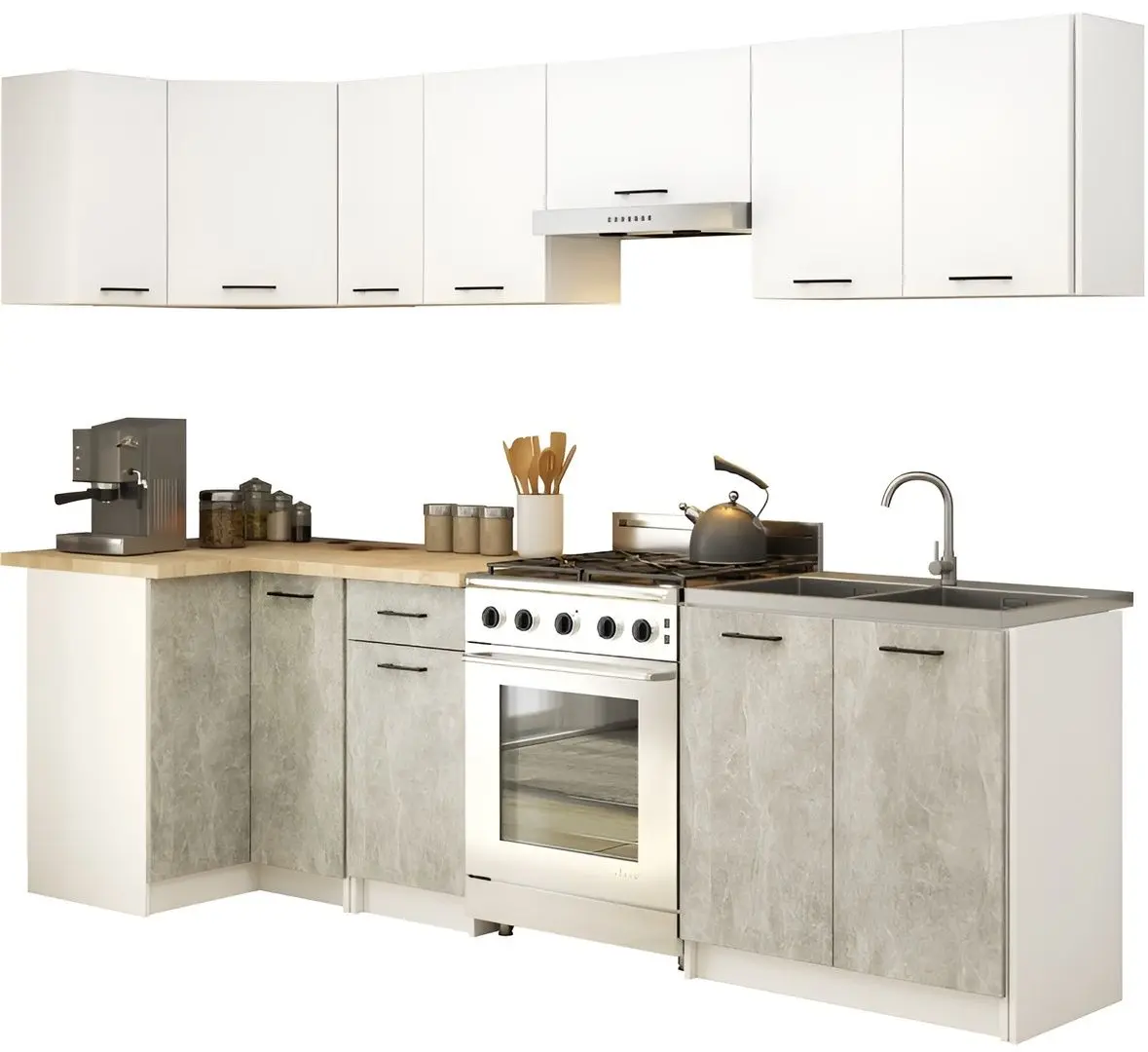 Bucatarie de colt Akord Oliwia 3.0m (White/Concrete)