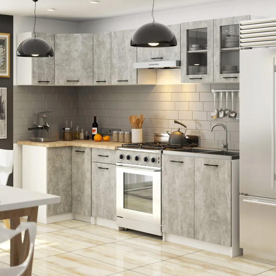 Bucatarie de colt Akord Oliwia cu vitrina H720 3m (Concrete Grey)