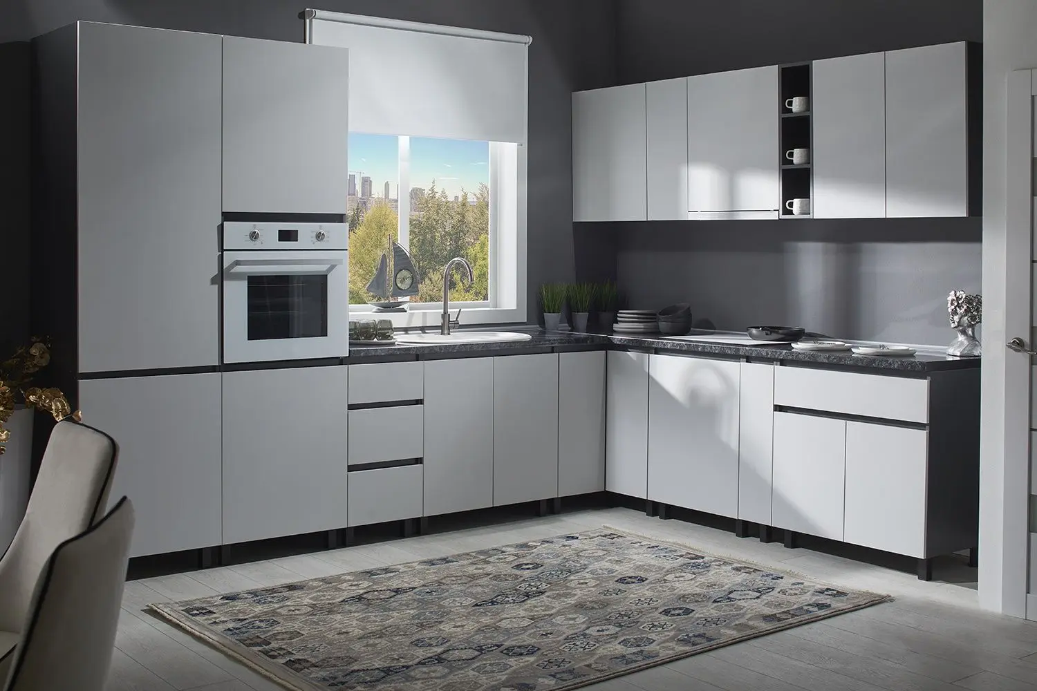 Bucatarie modulara Ambianta Astra 3.3x2.5m (Gri Deschis/Grafit)