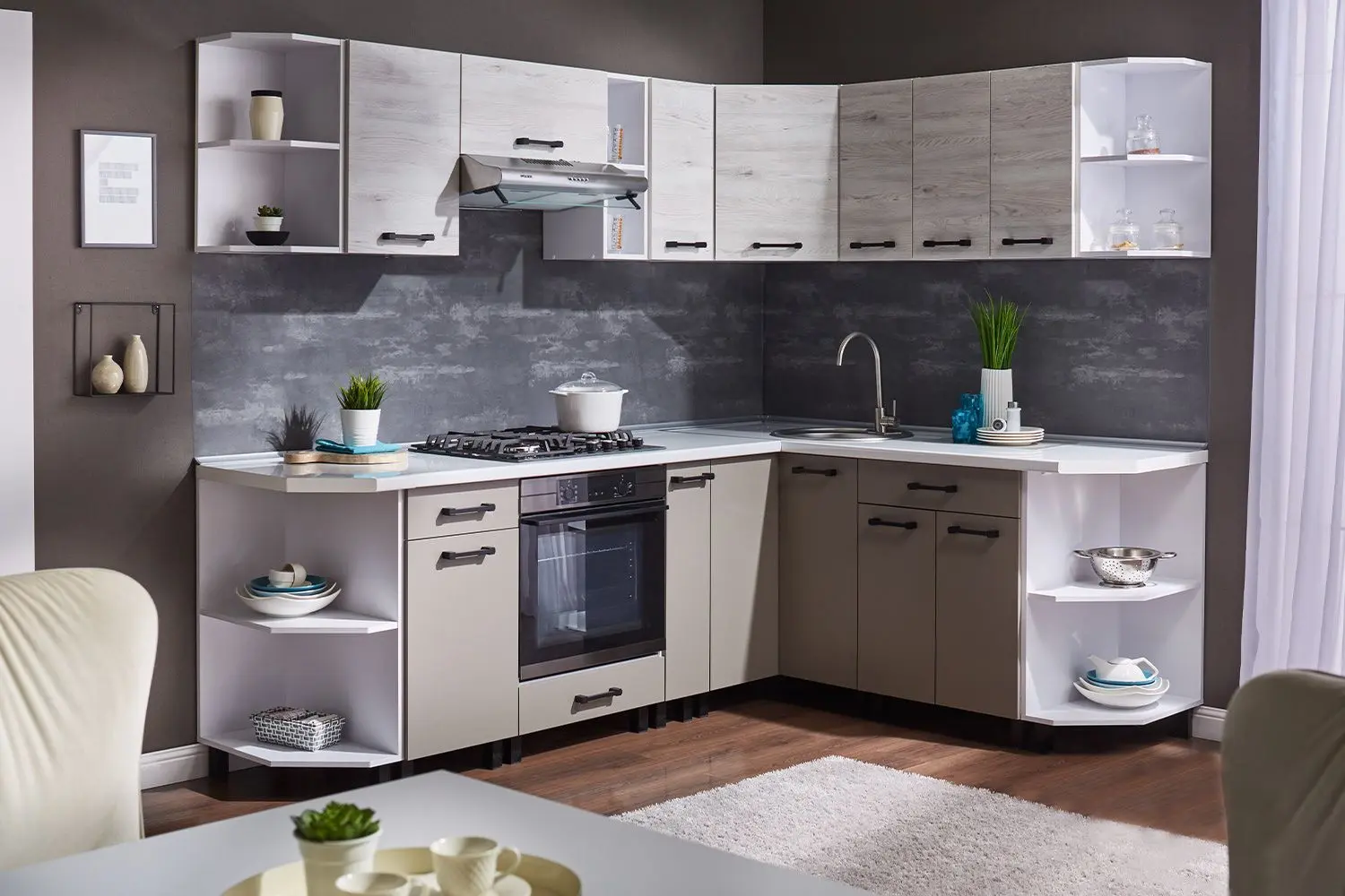 Bucatarie modulara Ambianta Iris 2.4x1.8m (Samoa Alb/Gri)
