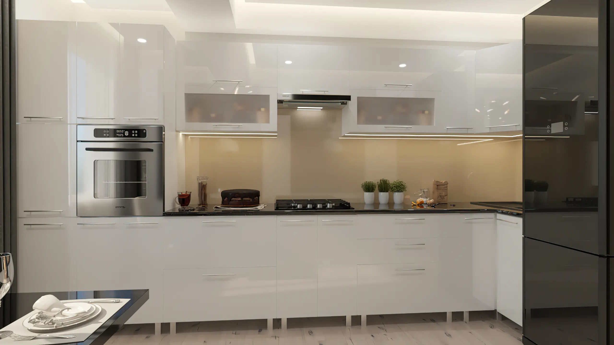 Кухня угловая Bafimob Эко с витриной 4.1x0.9м МДФ глянец - 4