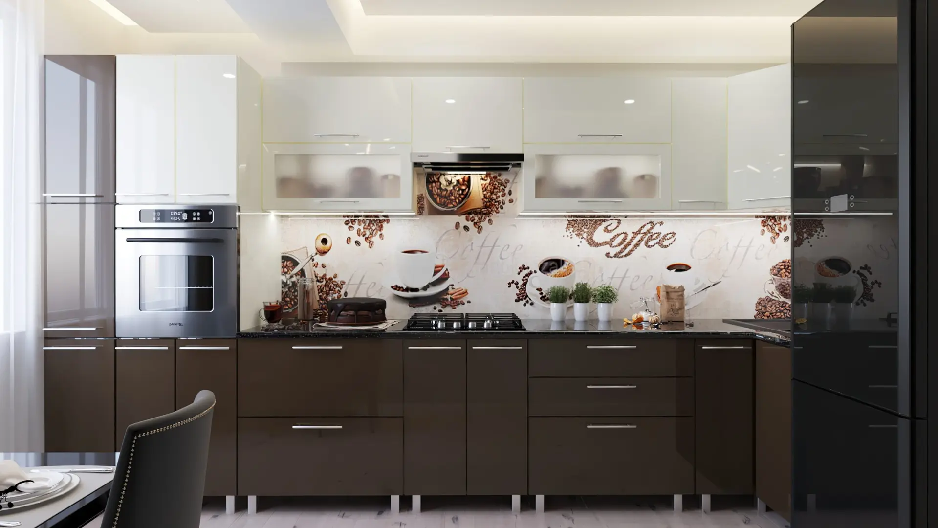 Кухня угловая Bafimob Эко с витриной 4.1x0.9м МДФ глянец