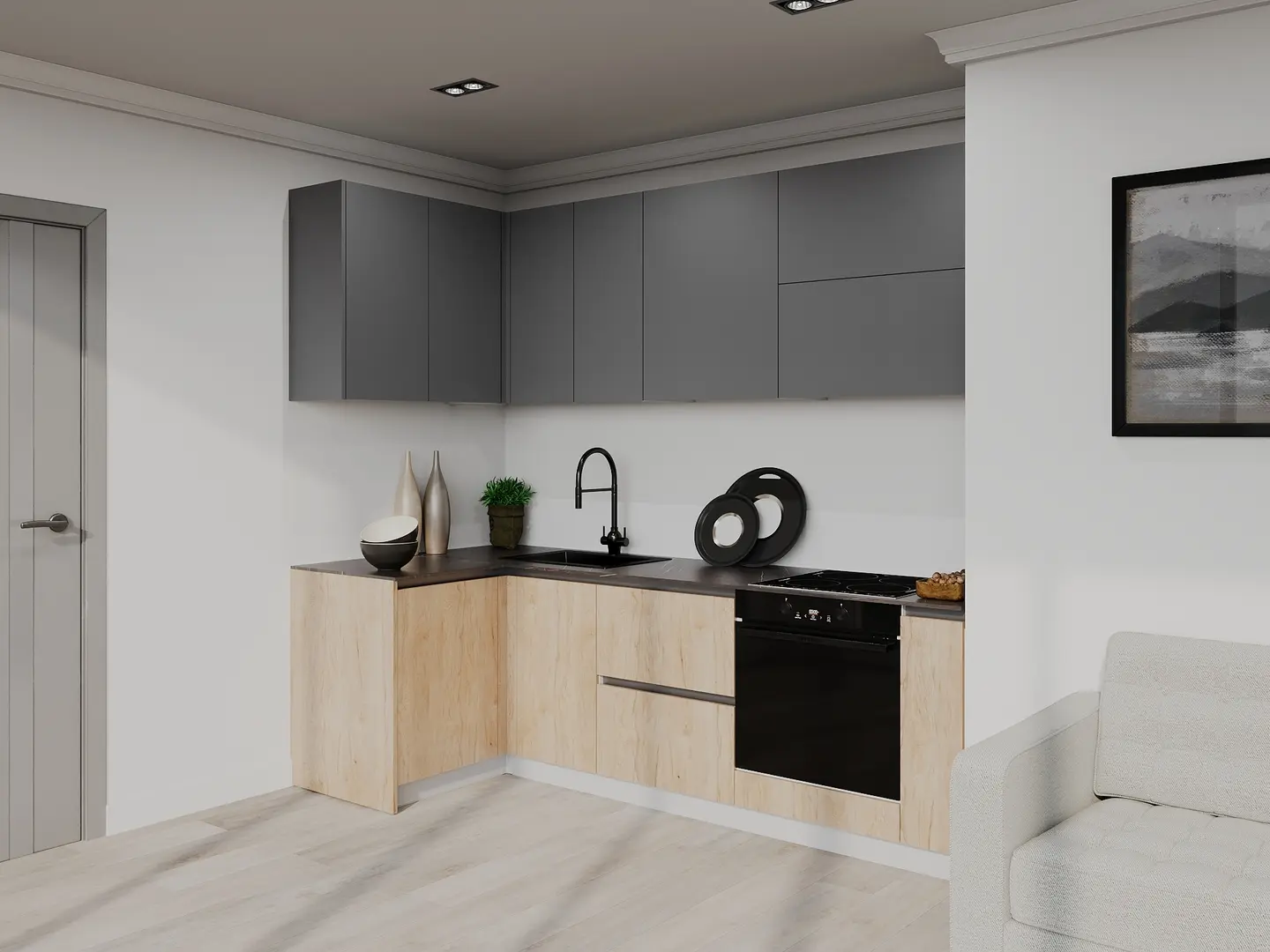 Bucatarie modulara de colt Bayro Monty 6 2.4x1.2m (Stone Grey/Rockford Hickory)