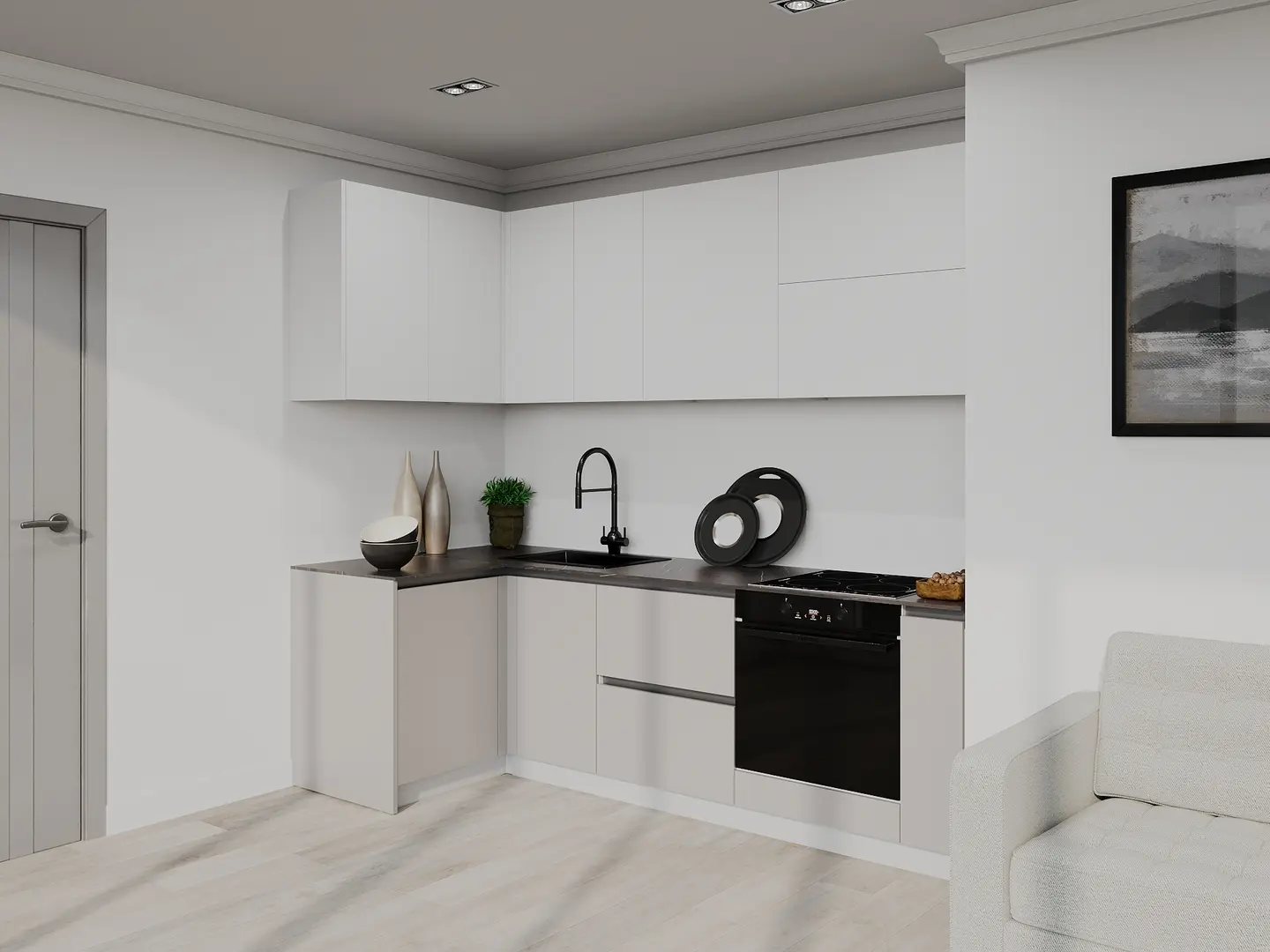 Кухня модульная угловая Bayro Monty 7 2.4x1.2m (White Mate/Trend Grey)