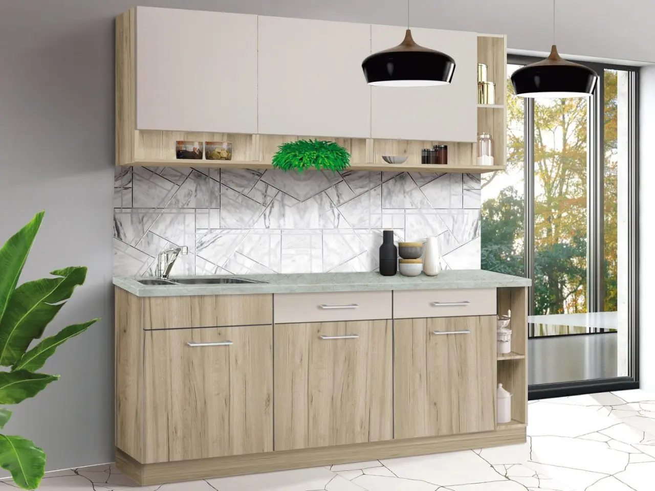 Bucatarie Modern Monro 2.0m Grey Craft Oak/Cashmere + Blat Ambianta 2.0m/28mm Osaka