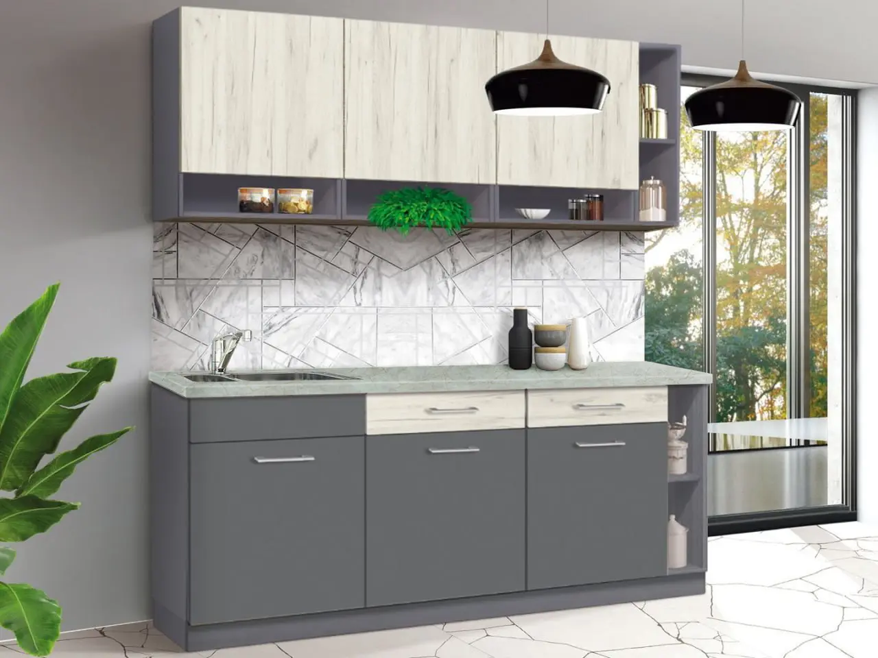 Bucatarie Modern Monro 2.0m Slate Gray/Craft Oak White + Blat Ambianta 2.0m/28mm Osaka