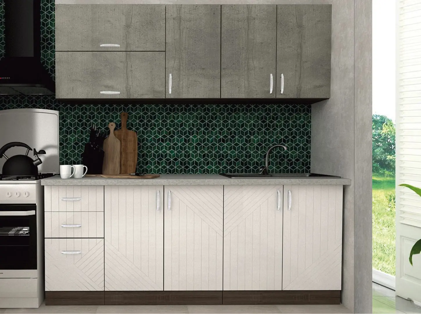 Bucatarie Modern Paola 2.0m (Sonoma Truffle Oak/White Gloss/Monolith)