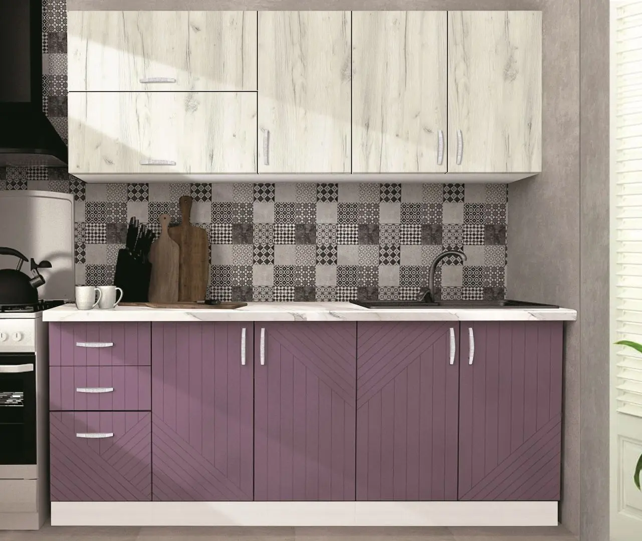 Bucatarie Modern Paola 2.0m (White/Marsala/Craft Oak White)