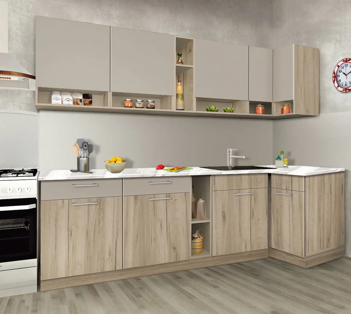 Bucatarie de colt Modern Monro 2.6m (Grey Craft Oak/Cashmere)