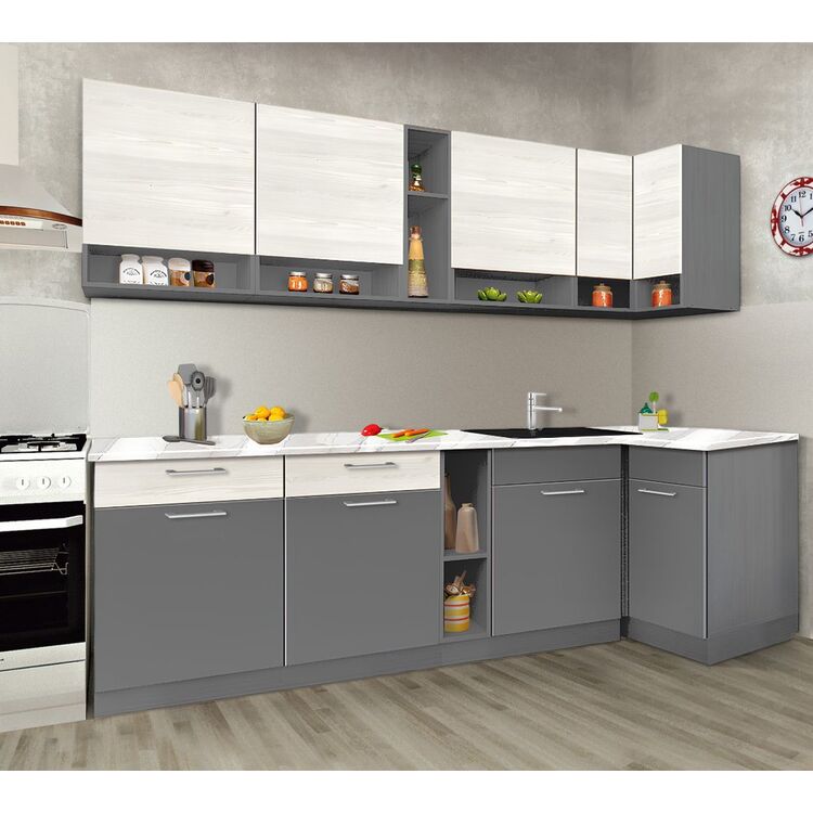 Bucatarie de colt Modern Monro 2.6m (Slate Gray/Craft Oak White ...