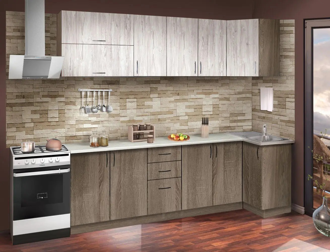 Bucatarie de colt Modern Paola 2.6/0.8m (Vintage Oak/Craft Oak White)